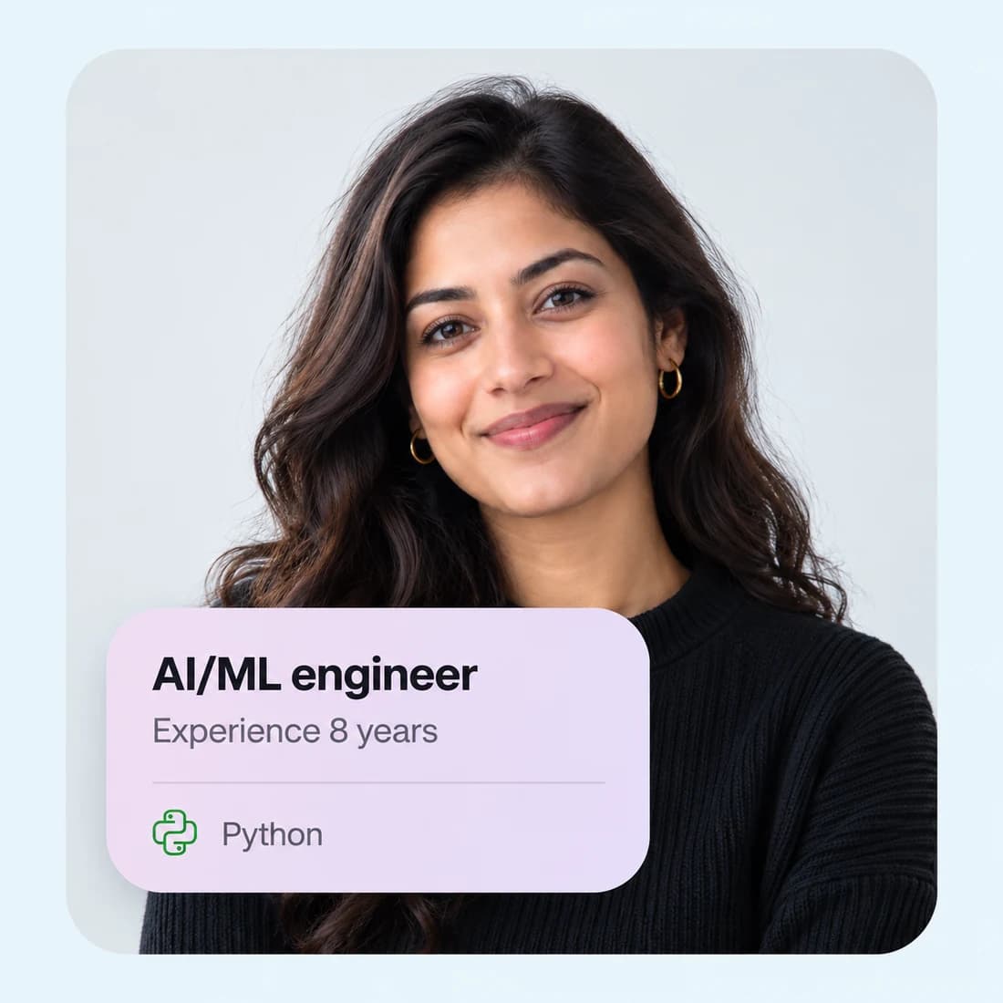 An AI and machine learning engineer, captioned with their experience and stack